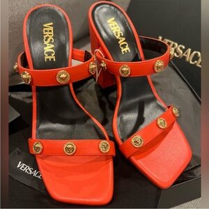 Versace Red Heels with Gold Medallions